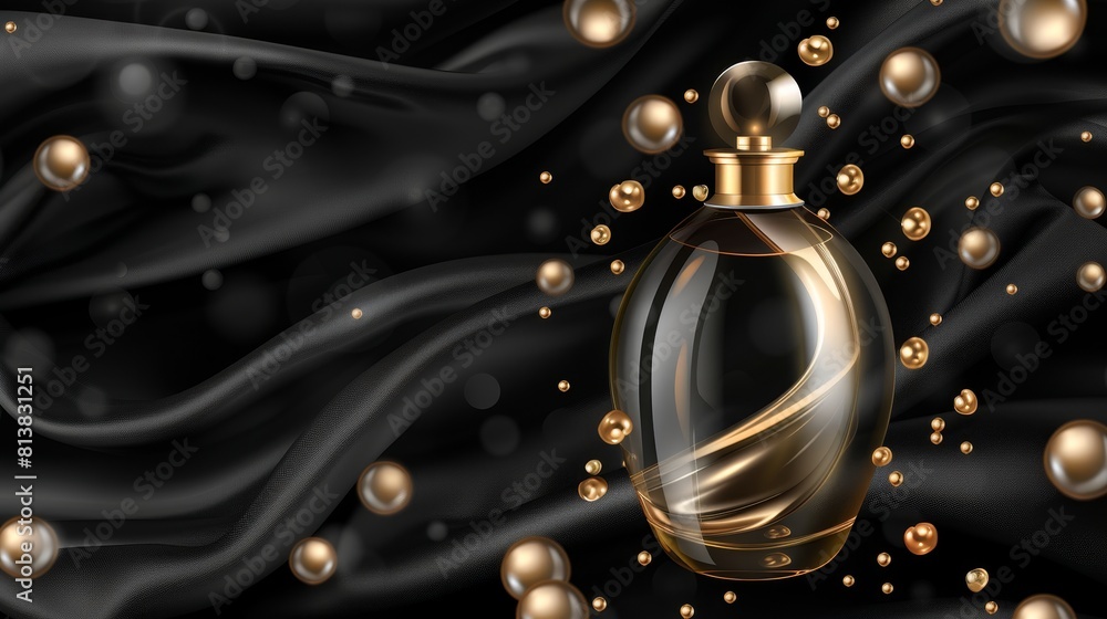 Realistic 3D modern illustration of perfume bottle on black silk folded fabric background. Glass flask with gold liquid and scattered pearls. Scent fragrance package mockup, beauty cosmetic banner Realistic 3D modern illustration of perfume bottle on black silk folded fabric background. Glass flask with gold liquid and scattered pearls. Scent fragrance package mockup, beauty cosmetic banner