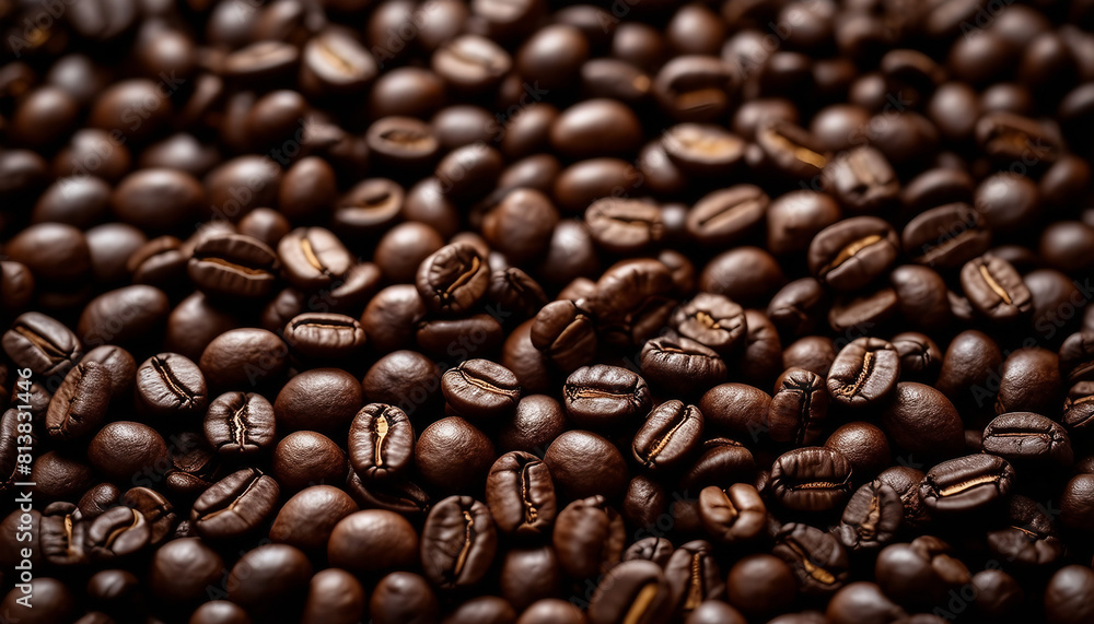 Fototapeta premium roasted arabica coffee beans top view, dark wooden background, copy space for text