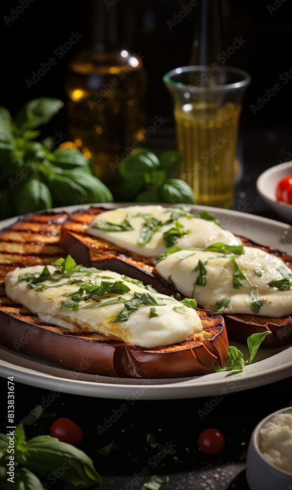 Baked eggplant with cheese on white table with harsh shadows Baked eggplant with cheese on white table with harsh shadows