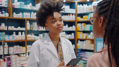 The Pharmacy: Professional Caucasian Pharmacist giving a beautiful black female customer medication advice, advice, and conversations. The Drugstore: full of medications, pills, health care, and