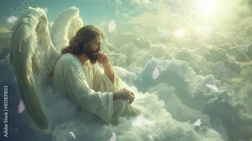 Lord Jesus is resting on the clouds peacefully without any disturbance. seamless looping time-lapse virtual 4k video Animation Background. photo