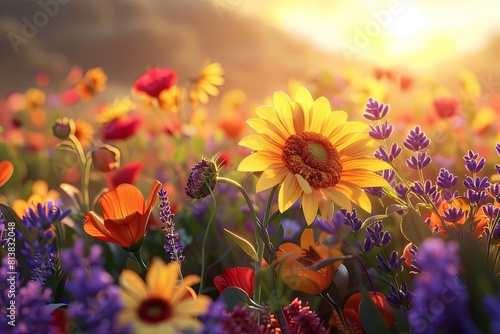Fields blooming with colorful flowers such as sunflowers, lavender, or poppies, illuminated by sunlight © Mari