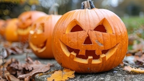 Stack of halloween jack o lanterns with spooky carved faces for a festive display