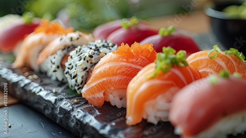 A variety of delicious sushi arranged on a black plate.