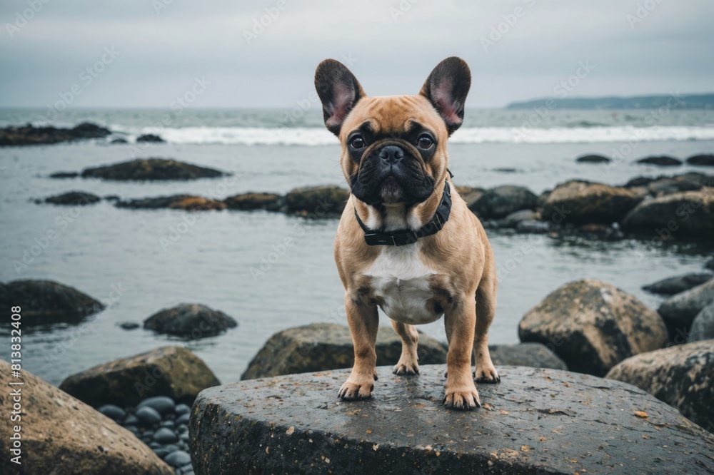 Cute French Bulldog standing on rough stones near calm sea on moody day Cute French Bulldog standing on rough stones near calm sea on moody day