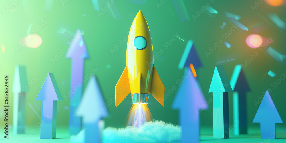 Launching Rocket with Upward Arrows in Vibrant Neon Colors Launching Rocket with Upward Arrows in Vibrant Neon Colors
