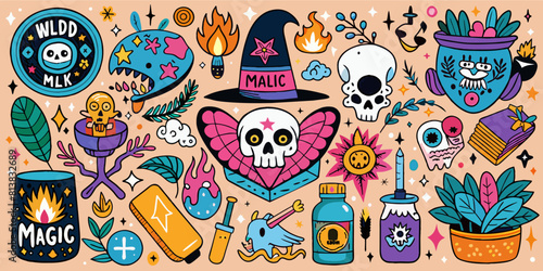 Cartoon set of stickers of magic and witchcraft.