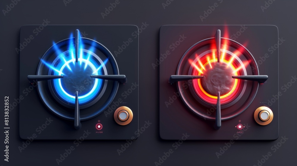 The top view of a gas and electric stove. Turned on and off ovens with ...