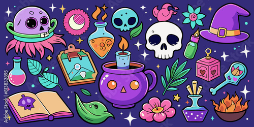 Cartoon set of stickers of magic and witchcraft.