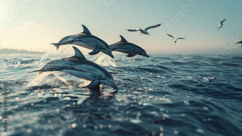 a pod of dolphins swimming in the surface of the ocean, sunny day, seagulls flying in the blue sky, © Di