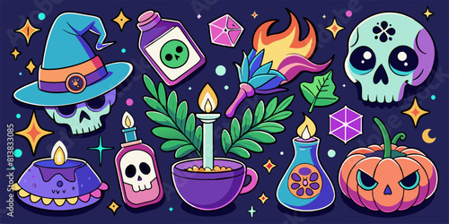 Cartoon set of stickers of magic and witchcraft.