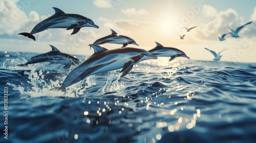 a pod of dolphins swimming in the surface of the ocean  sunny day  seagulls flying in the blue sky 