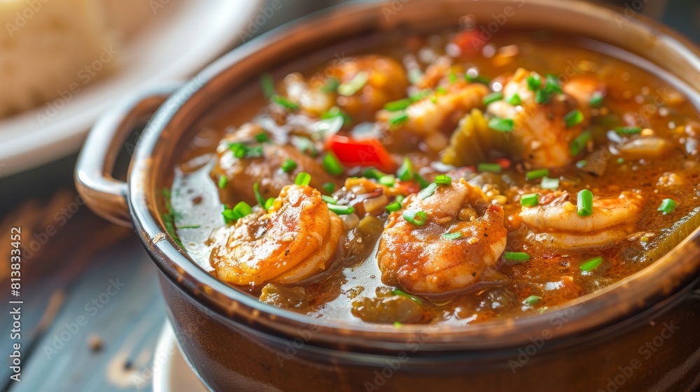 Gumbo is an American cuisine dish common in the state of Louisiana. It is a thick soup with spices, similar in consistency to stew. Gumbo is an American cuisine dish common in the state of Louisiana. It is a thick soup with spices, similar in consistency to stew.