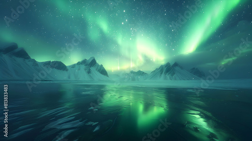 The Northern Lights dance beneath a starry sky creating a mesmerizing spectacle of color and light in the arctic: Photo realistic as Northern Lights and Starry Sky concept