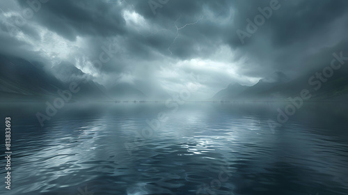 Calm Waters Reflecting Ominous Thunderstorm Over Lake Perfect for Dramatic and Moody Landscape Shots in Photo Stock Concept