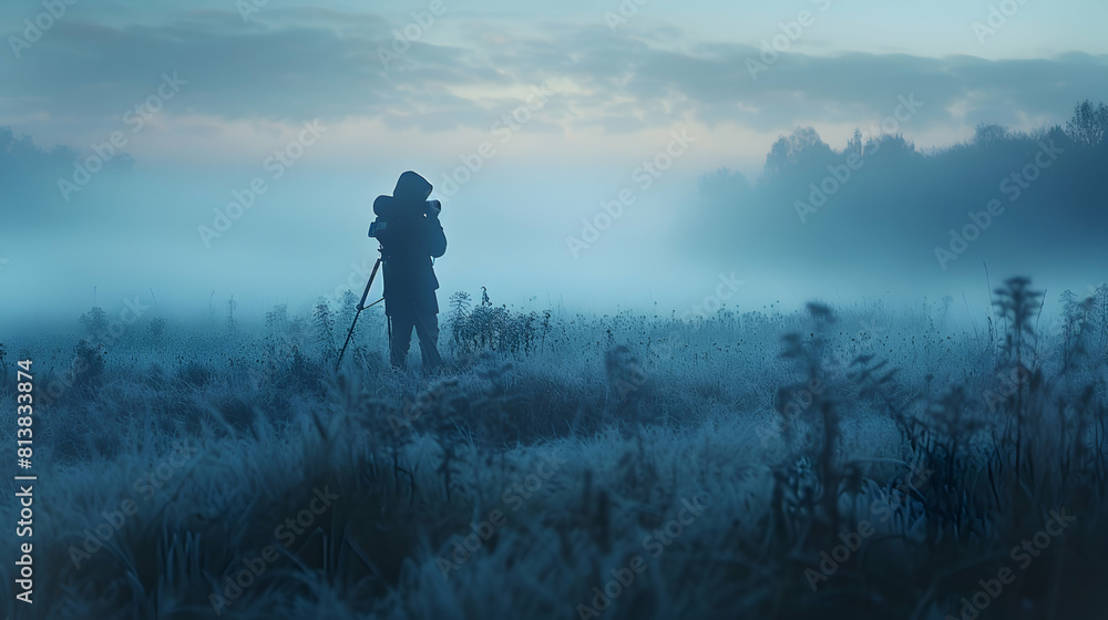 Photo realistic as Photographer Capturing Morning Mist   A photographer capturing the ephemeral beauty of misty morning hours in a picturesque landscape