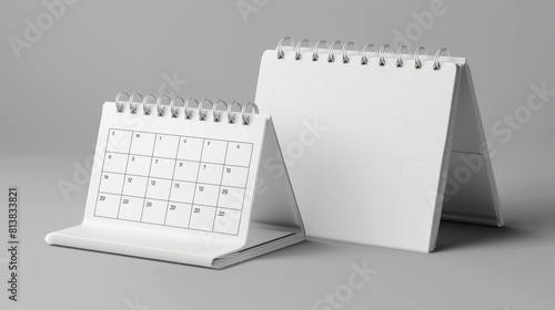 A realistic 3D modern illustration of a calendar mockup with blank pages and binders. The calendar mockup is front and side oriented. The agenda is arranged on a grey background, while the almanac is photo