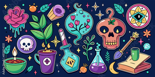 Cartoon set of stickers of magic and witchcraft.