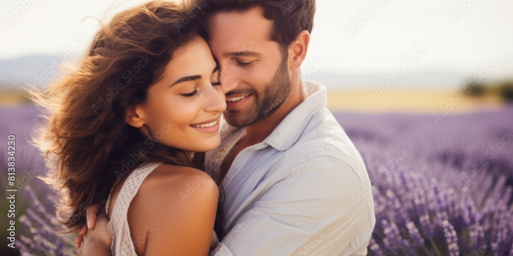 A young couple hugs in a lavender field. Family posing in nature. Generative AI. A young couple hugs in a lavender field. Family posing in nature. Generative AI.