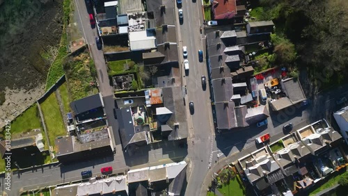 Drone shot above the main street of a typical British/Irish rural village, Killough, County Down