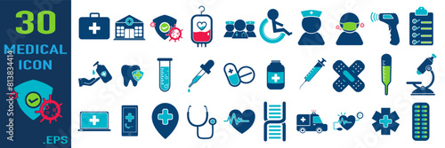 Medical Set of 30 icons. Containing doctor, medicine, hospital, treatment, healthcare, nurse, pills, clinic and more. Solid vector icons collection.