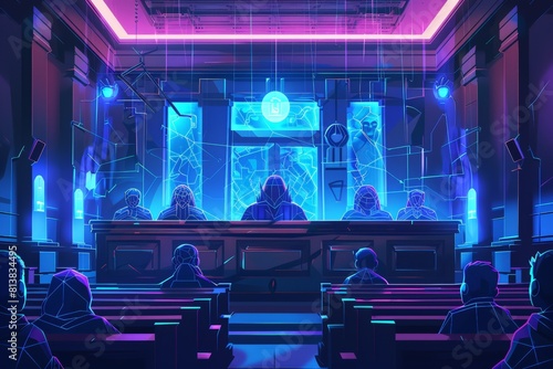 A futuristic illustration of a virtual courtroom, Futuristic courtroom scene, judges and audience in neon blue lights, digital screens display complex data.