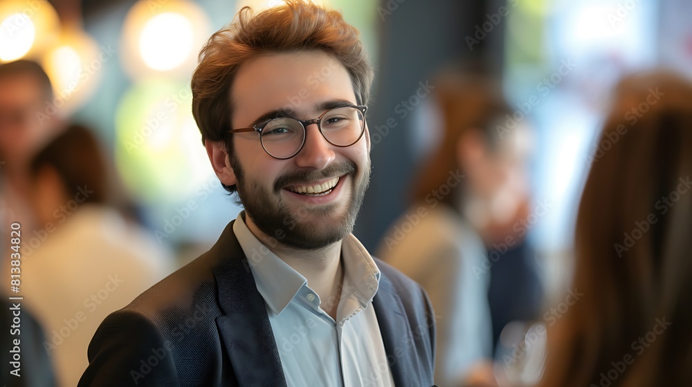 Smiling CEO at Networking Event in Blurred Social, Smiling CEO, networking event, blurred social. Smiling CEO at Networking Event in Blurred Social, Smiling CEO, networking event, blurred social.