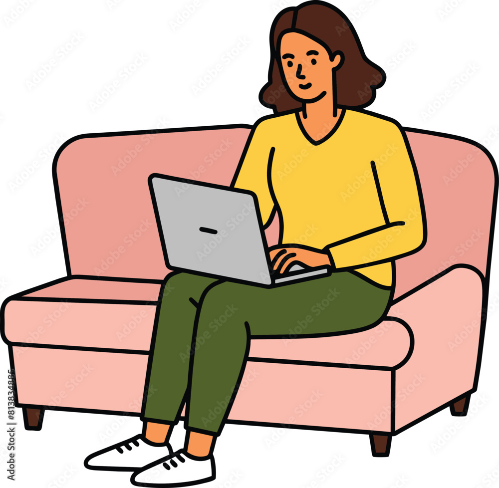 girl with laptop sitting on the sofa. Freelance or studying concept. Cute illustration in flat style. girl with laptop sitting on the sofa. Freelance or studying concept. Cute illustration in flat style.