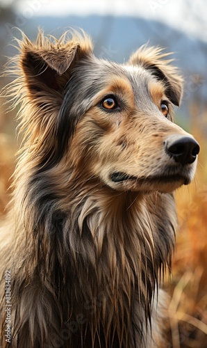 Beautiful healthy dog as listening in the autumn meadow grass.