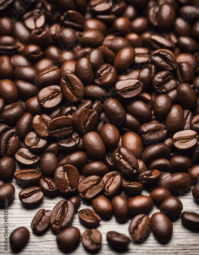 roasted arabica coffee beans top view, dark wooden background, copy space for text 
