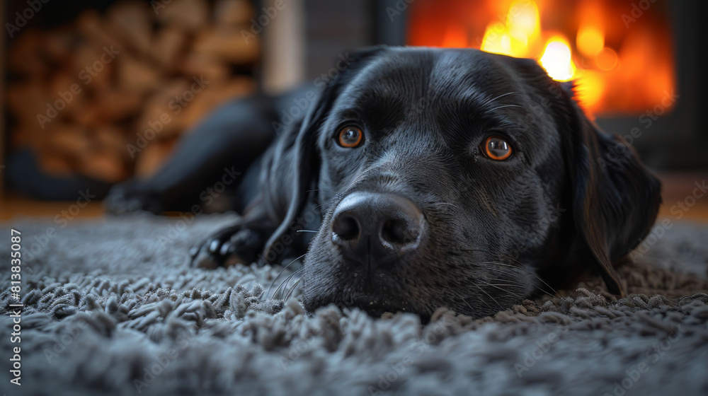 Black Labrador lying on a carpet with a fireplace in the background Black Labrador lying on a carpet with a fireplace in the background
