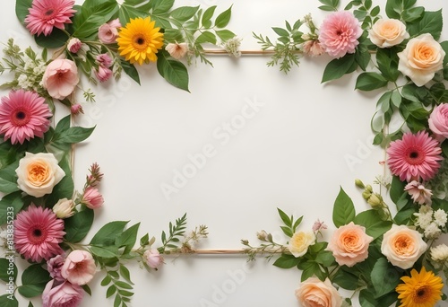 Fresh flowers and leaves arranged in a frame on a light background