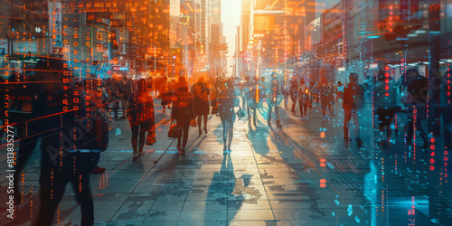 Futuristic Urban Sidewalk with Crowds and Digital Overlays