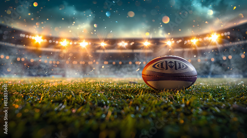 Rugby ball on a football field photo