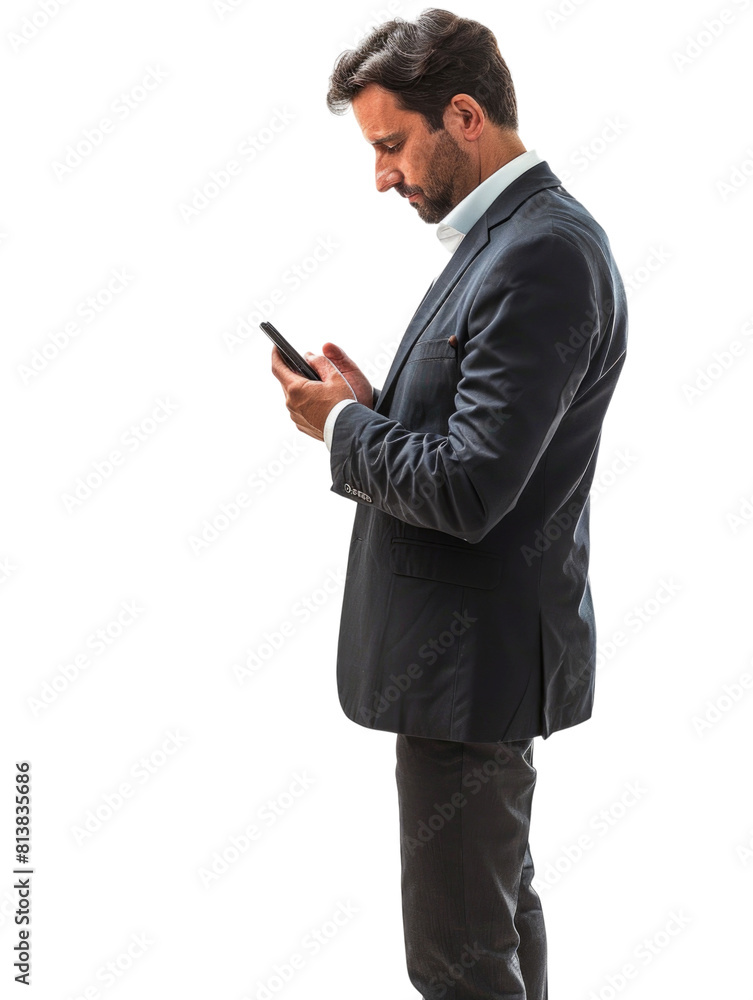 Business man using smartphone for messaging communication transparent background Business man using smartphone for messaging communication transparent background