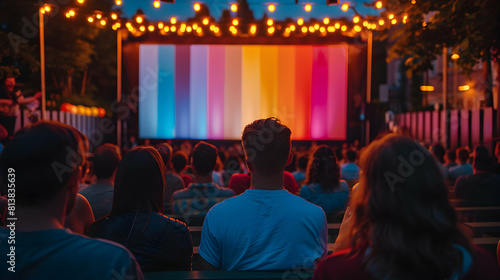 Diverse LGBTQ Film Screening Outdoors: Celebrating Cinematic Pride with Authentic Representation in Photo Realistic Concept