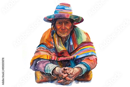 Quechua Peru, Bolivia, Ecuador Man, Minimalistic watercolor, on a white background, cute and comical with empty copy space.