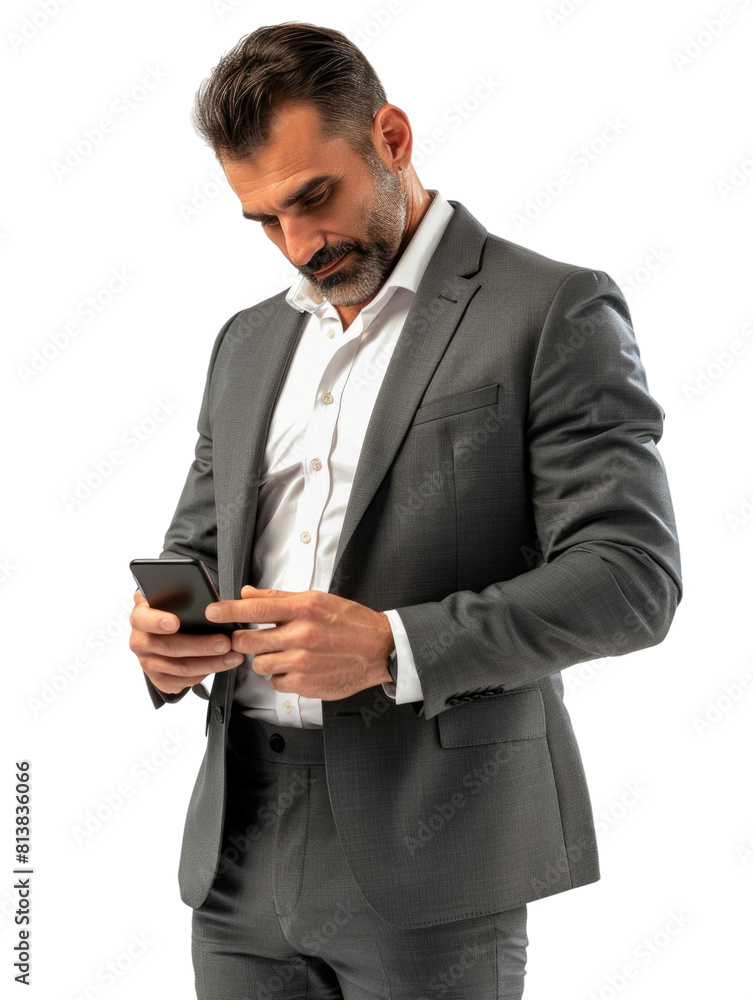 Business man using smartphone for messaging communication transparent background Business man using smartphone for messaging communication transparent background