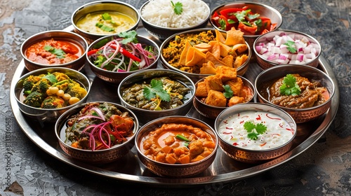 A variety of Indian food in metal bowls on a large round tray.