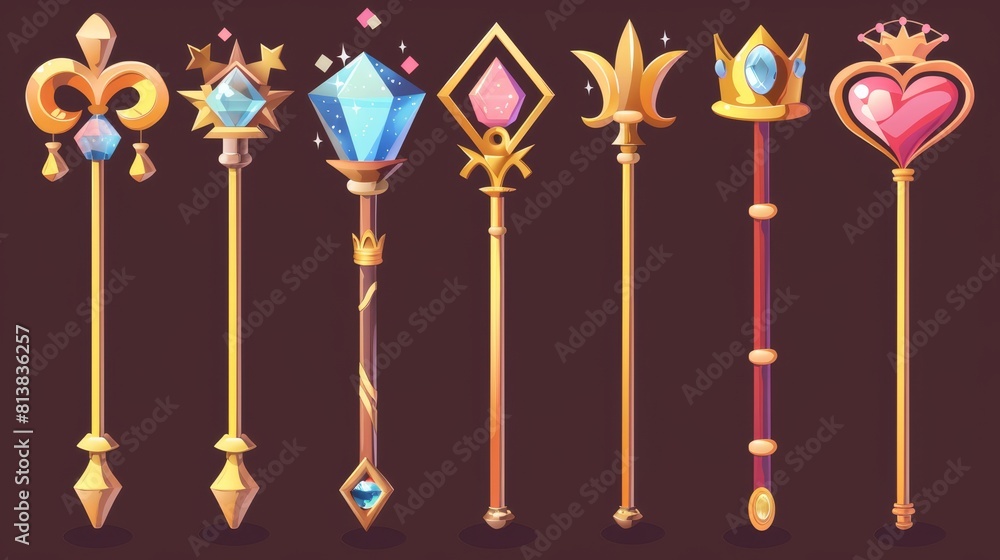 Magic wands, golden sticks with crystals forming a star, heart, and crown. Modern cartoon set of wizard rods for magical tricks and spells, princess scepter isolated on dark background. Magic wands, golden sticks with crystals forming a star, heart, and crown. Modern cartoon set of wizard rods for magical tricks and spells, princess scepter isolated on dark background.