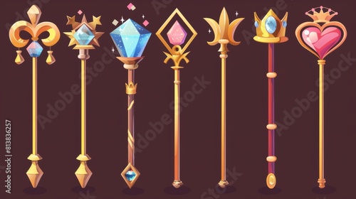 Magic wands, golden sticks with crystals forming a star, heart, and crown. Modern cartoon set of wizard rods for magical tricks and spells, princess scepter isolated on dark background.