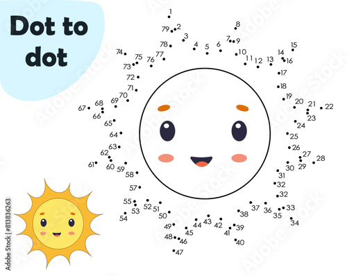 Connect the dots and color the page. Game for children. Sun on a white background. Dot to dot game.