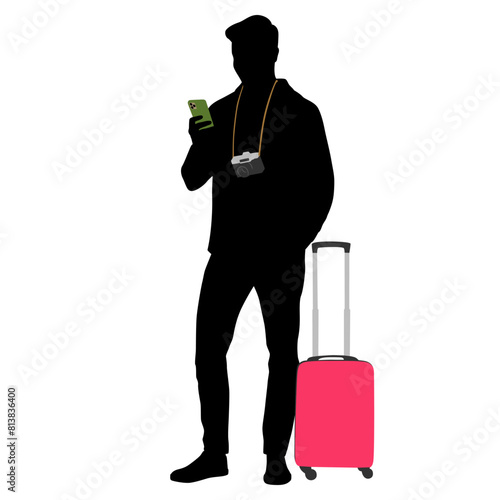 Silhouette of young man tourist with camera and smartphone. Male in casual clothes with a suitcase and tickets. Young male traveler goes on a journey. Vector illustration isolated on white
