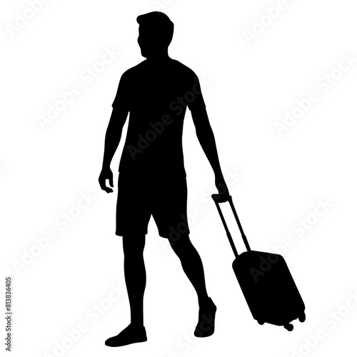 Silhouette of young man tourist with camera and smartphone. Male in casual clothes with a suitcase and tickets. Young male traveler goes on a journey. Vector illustration isolated on white