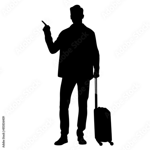 Silhouette of young man tourist with camera and smartphone. Male in casual clothes with a suitcase and tickets. Young male traveler goes on a journey. Vector illustration isolated on white