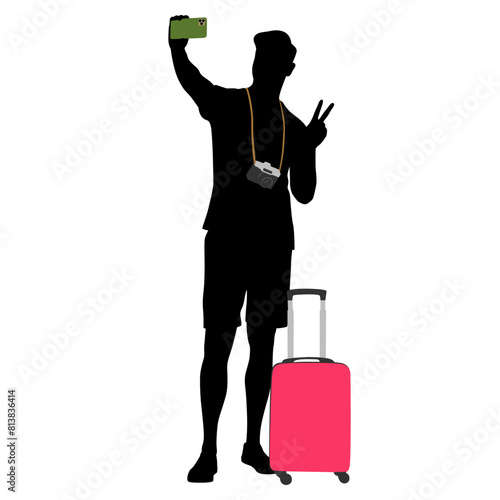 Silhouette of young man tourist with camera and smartphone. Male in casual clothes with a suitcase and tickets. Young male traveler goes on a journey. Vector illustration isolated on white