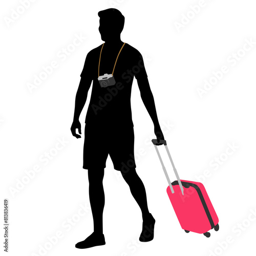Silhouette of young man tourist with camera and smartphone. Male in casual clothes with a suitcase and tickets. Young male traveler goes on a journey. Vector illustration isolated on white