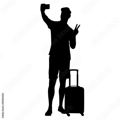 Silhouette of young man tourist with camera and smartphone. Male in casual clothes with a suitcase and tickets. Young male traveler goes on a journey. Vector illustration isolated on white