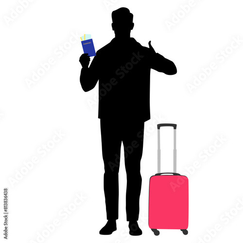 Silhouette of young man tourist with camera and smartphone. Male in casual clothes with a suitcase and tickets. Young male traveler goes on a journey. Vector illustration isolated on white