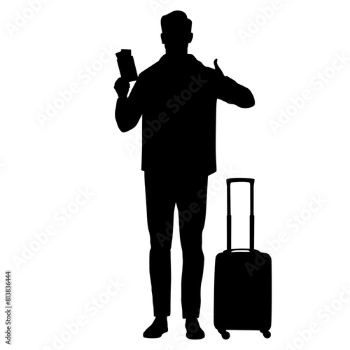 Silhouette of young man tourist with camera and smartphone. Male in casual clothes with a suitcase and tickets. Young male traveler goes on a journey. Vector illustration isolated on white